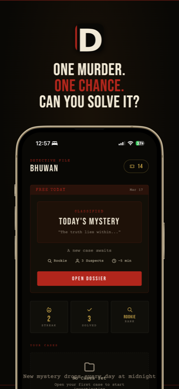 Dossier home screen with today's mystery